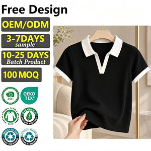Custom <b>Women</b> Contrast Collar <b>Polo</b> Shirt Short Sleeve Ribbed Knit Slim Fit Cropped <b>Top</b> Black Color Block Casual Tee - Product Image 1