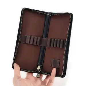 Large capacity leather pencil case 12 slots pencil zipper storage bag genuine leather portable organizing pen bag holder