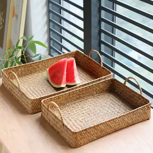 Rattan Home Desk Neatening Organized Handwoven White Wash Oval Set of 2 Rectangle Woven Storage Basket Seagrass Serving Tray Set