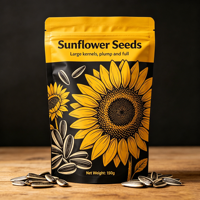 Sachet refermable personnalisé imprimé tournesol avec trou de suspension, en plastique de qualité alimentaire, pour l'emballage de 150g de graines de tournesol, noix et snacks