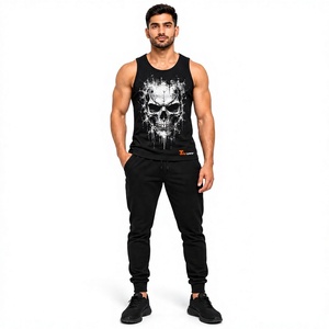 <b>Men's</b> <b>Black</b> Crew Neck <b>Tank</b> <b>Top</b> Skull Printed Sleeveless Stringer Vest Sporty Gym Bodybuilding Workout Fitness 100% Polyester - Product Image 1