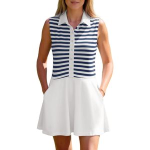 Robe mini sans manches rayée pour femme avec poches, coupe ample, tenue décontractée d'été, col polo, tissu tissé respirant - Product Image 1