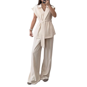 Costume décontracté uni pour femmes, sans manches, avec pantalon large et court - Product Image 4