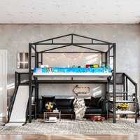 Cama alta de metal con escaleras de almacenamiento, estantes, armario, toma de corriente y luz LED para dormitorio, uso infantil y juvenil, ODM/OEM