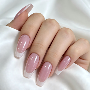 Uñas Postizas al por Mayor con Etiqueta Privada Personalizada, Estilo Coffin con Punta Francesa, Color Rosa Lechoso, Acabado Brillante - Product Image 1