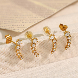 Crescent <b>Moon</b> Stick Earrings Gold With White Zirconium Claw Setting Everyday Wear Earring EH830 - Product Image 2