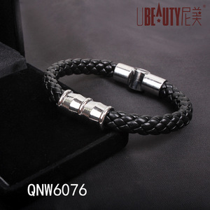 Men's Titanium Steel <b>Bracelet</b> Black Braided <b>Leather</b> Punk Style Fashion Wrap <b>Bracelet</b> - Product Image 4