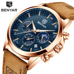 Montres Benyar 5160 pour hommes, <span class=keywords><strong>montre</strong></span> à quartz de luxe pour hommes, boîtier en or rose, <span class=keywords><strong>montre</strong></span> masculine tendance, chronographe, étanche, <span class=keywords><strong>bracelet</strong></span> en <span class=keywords><strong>cuir</strong></span> sport - Product Image 3
