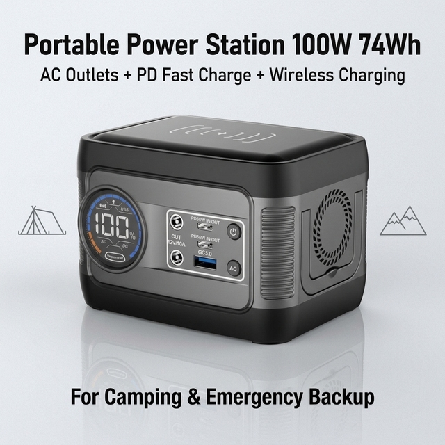 74Wh 100W Portable Power Station True Capacity AC PD Fast Charging Wireless Waterproof Outdoor Camping Emergency Backup Power