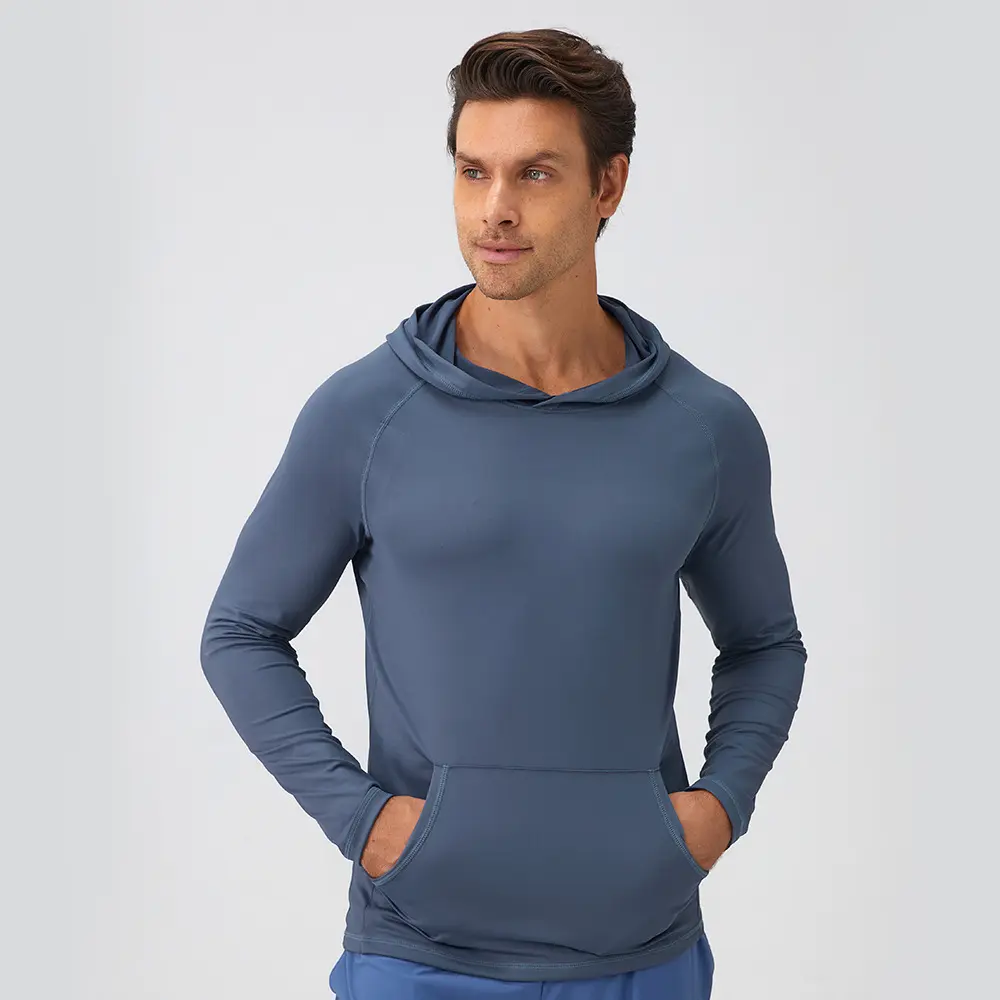 Men's Dry Fit Compression Workout Running Long-Sleeve T-Shirt Light Hoodie Pullover Athletic Relaxed Fit With Kangaroo Pocket