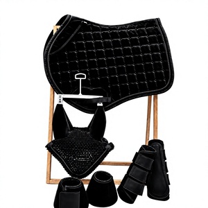 <b>Black</b> Luxury Velvet Horse Saddle Pad Set with Breathable Fly <b>Veil</b> & Brushing Boots/Mesh Bell Boots | English Equestrian Tack Set - Product Image 1