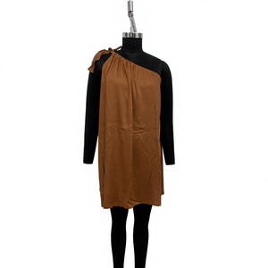 Brown Collarless <b>Tunic</b> <b>Dress</b> <b>Women</b> Loose Mini Casual Solid Ribbon Detail - Product Image 1