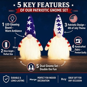 Décorations patriotiques LED <span class=keywords><strong>du</strong></span> <span class=keywords><strong>4</strong></span> juillet pour le 250e anniversaire des États-Unis, gnome lumineux, décorations <span class=keywords><strong>du</strong></span> Jour <span class=keywords><strong>de</strong></span> l'Indépendance, Tomte en peluche, drapeau américain, décoration intérieure - Product Image 2