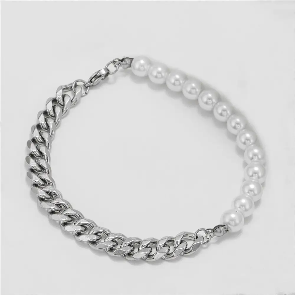 Mode 316L Edelstahl kubanische Ketten perlen Charm Armbänder Titan Stahl Halsketten Link Barock Perlen Armbänder