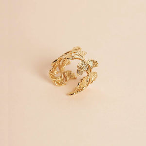 Anillo de oro de 14 quilates con hoja de ginkgo para mujer - Diseñador, Único, Lujo ligero, Banda ancha vintage - Product Image 6