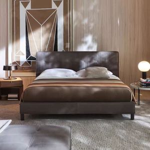 Modern Dark Brown Leather Upholstered <strong>Bed</strong> Frame King Queen Size Solid <strong>Wood</strong> <strong>Bed</strong> - Product Image 1
