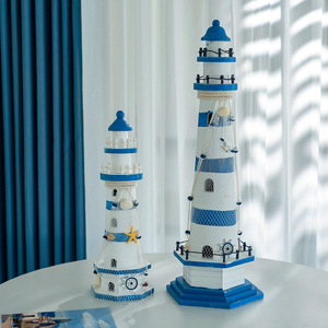 Faro de madera a rayas azules y blancas, 2 piezas, estilo mediterráneo, decoración para el hogar, forma geométrica, material de pino - Product Image 1