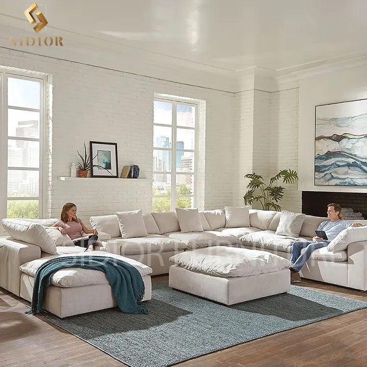 Sofa awan berisi kain putih ruang tamu set desain furnitur 3 tempat duduk krim Italia mewah awan modern sofa sudut