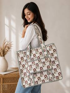 Hand Block Printed <b>Quilted</b> Cotton <b>Tote</b> <b>Bag</b> <b>Quilted</b> Shoulder Handbag Open Top Shopping Travel <b>Bag</b> for Daily Use - Product Image 1