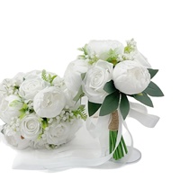 Buket Pengantin Buatan Tangan dari Sutra Mewah dengan Bunga Peony Putih & Mawar, Dilengkapi Hijauan & Pembungkus Pita untuk Pemotretan Pernikahan & Acara