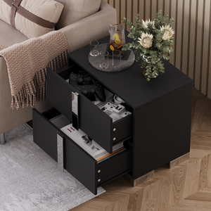 Modern Nightstand with Drawers Metal Foot Wood <b>Bedside</b> Table <b>Mirrored</b> Handles Sofa Side End Table - Product Image 2