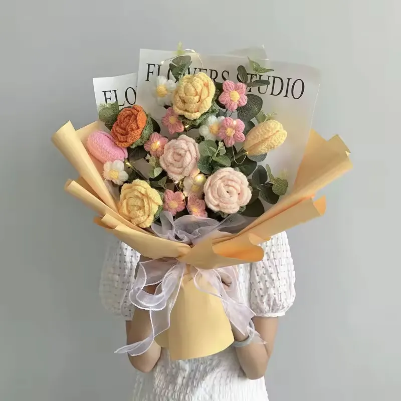 नए रचनात्मक उपहार उत्पाद हस्तनिर्मित बुनाई बड़े गुलदस्ता फूल ऊन कपास क्रोकेट फूल शादी जन्मदिन उपहार के लिए
