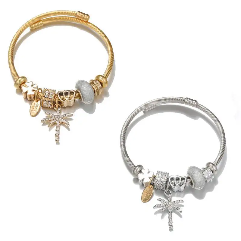 Duyizhao Ins Style Jewelry Crystal Tree Charm Bangle Bracelet Bling Women Stainless Steel Coconut Tree Pendant Charm Bracelet