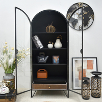 Armoire de rangement vintage industrielle shabby chic noire avec portes vitrées, 4 étagères, 1 tiroir, pieds en fer, meubles pour la maison