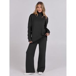 Ensemble de vêtements en maille pour femmes FOXA, 2 pièces, haut à col roulé, pantalon large, tenue décontractée pour l'automne, ensemble assorti confortable - Product Image 6