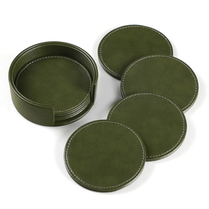 Juego de Posavasos Redondos de Cuero Sintético Verde con Logotipo Personalizado, Posavasos de Cuero PU <span class=keywords><strong>para</strong></span> Té, Cerveza, Café y Bebidas con Soporte - Product Image 1