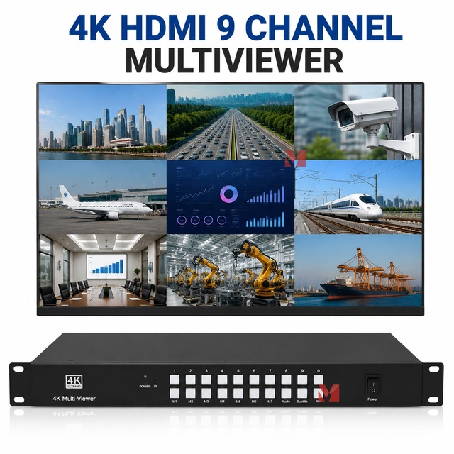 9x1 HDMI Multiviewer 9 Channel Seamless Video Processor 4K60Hz Output Multi Screen Display Controller for Control Room