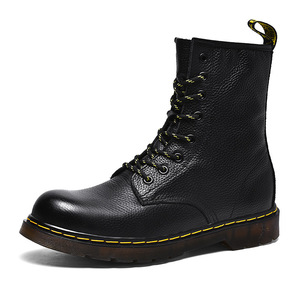 Bottes Martin pour femmes en cuir véritable, bout rond, talon plat, bottines à lacets, semelle en caoutchouc antidérapante, style décontracté - Product Image 5
