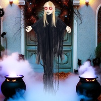 Décoration d'Halloween Horreur Fantôme Féminin en Coton et Plastique, Lumineuse et Sonore, à Capteur LED Électrique, à Suspendre, pour l'Intérieur, Effet Effrayant et Effet de Salle de Prières