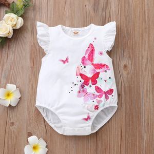 Penjualan laris bodysuit lengan terbang bayi perempuan musim panas Romper katun lengan Terbang cetak kupu-kupu lucu bando 0-18 bulan