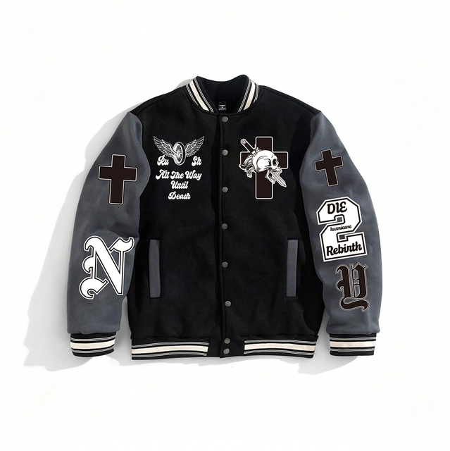 High-Quality Mens Black  Lettermen Jacket Vintage Casual Custom Embroidery DTF Logo Patches Baseball Varsity Jacket for Men