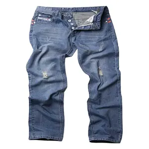 2020 Nieuwe Herfst Groothandel Custom Mode Comfortabele Mannen Vintage Gaten Lichtblauwe Rechte Jeans Denim Broek