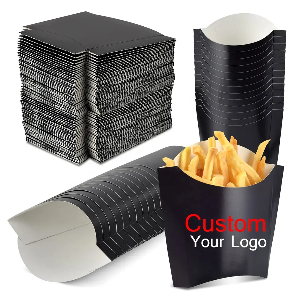 Hot Sale Embossing Take Away Food Boxes Recycled Materials Made Food Packaging Art Customised Black French Fries Packing Boxes