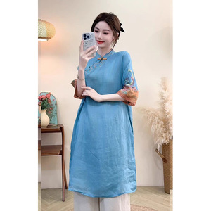 Traditional Chinese Style Embroidered Linen Dress Women Mid Length Light Pink With Floral Pattern Summer Wear - Product Image 5