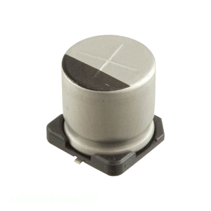 Condensador de Montaje Superficial de Canal del Fabricante, 150 uF, Aluminio, 150UF, 20%, 50V, SMD, UCD1H151MNL1GS - Product Image 1