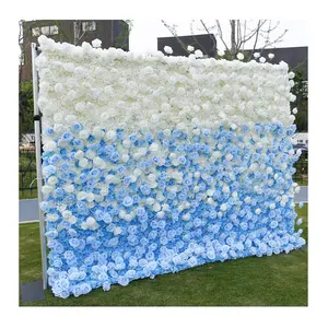 5d 3d Roos Wandpanelen Gradiënt Kunstmatige Witte Blauwe Rozen Achtergrond Stof Terug Roll Up Bloem Muur Voor Bruiloft Decor