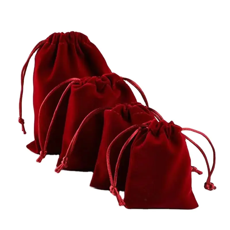 Custom Logo Velvet Jóias Bolsas Soft Velvet Gift Drawstring Pouch Colares Brincos Embalagem Red Drawstring Bags