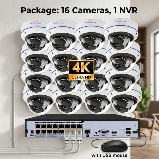 Jianvision 4K 8MP POE NVR IP System Vandalproof 16-Channels Metal Dome Camera 2.8mm Wide Angle CMOS Sensor Built-in Mic for