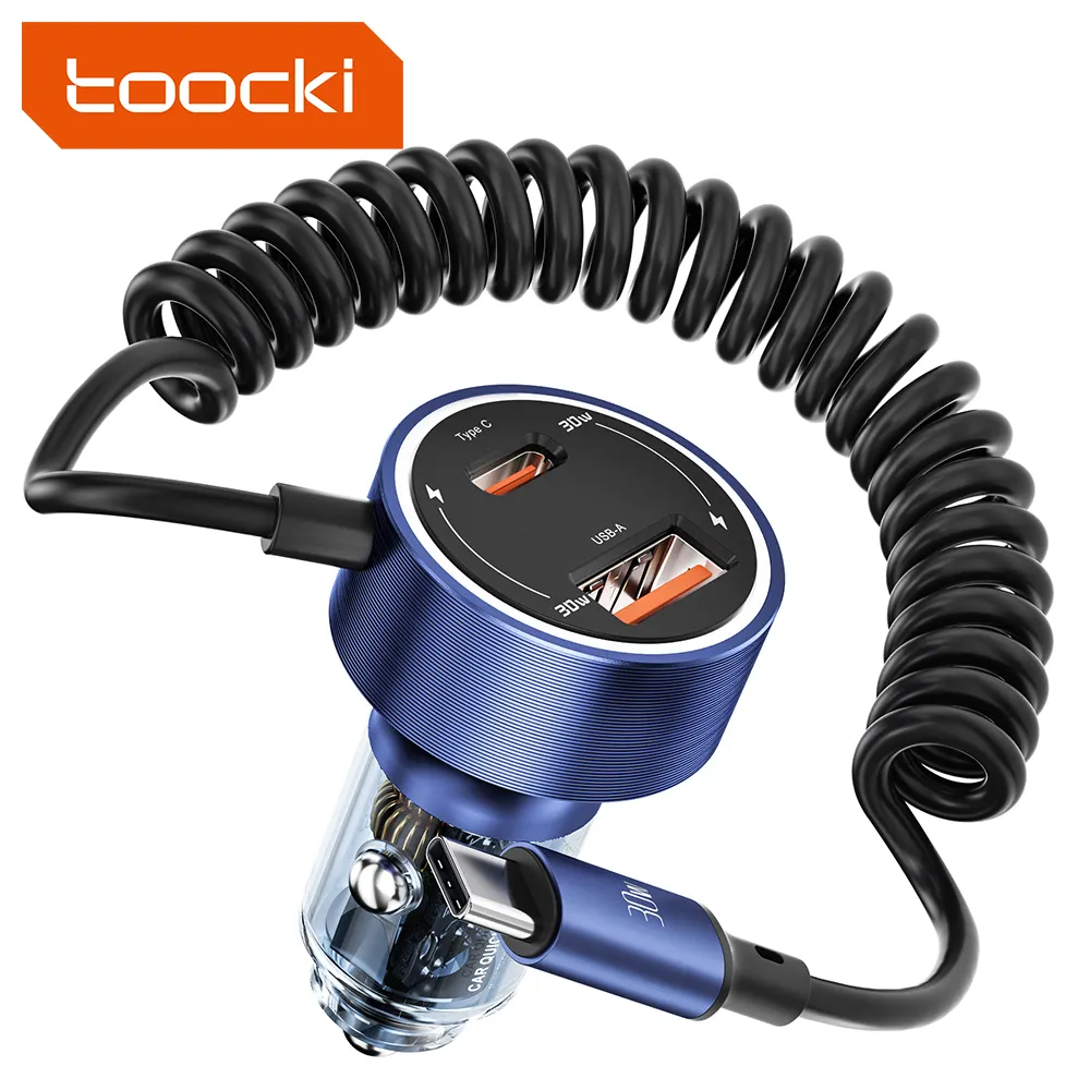 Toocki high quality 60W car charger with cable Transparent car battery charger 12v 24v car charger with 3 in 1 usb cable