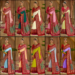 Sari de seda tradicional azul cielo Patola Georgette con borde intrincado granate Chikankari Lucknowi Sari bordado para mujer - Product Image 5