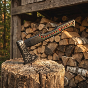 Viking Tomahawk <b>Axe</b> Forged Steel Blade Wood <b>Handle</b> Red Star Inlay Survival Hatchet Outdoor Use - Product Image 2