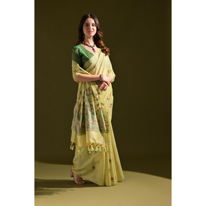 Yellow Cotton <b>Saree</b> With Floral Print And Tassels Traditional Ethnic Wear <b>For</b> <b>Women</b> Floor-Length Casual Occasion Style - Product Image 1