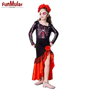 Funmular ngày của trang phục chết cho cô gái sọ đỏ-đen ăn mặc với headband cho Halloween cosplay