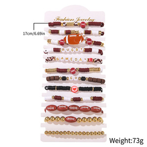 Fashion <b>Beaded</b> <b>Bracelet</b> Set Red White Gold Football Theme Unisex Gift Jewelry - Product Image 5