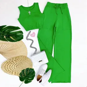 Summer New Sweet Solid Color Short Style Vest Draw Rope High Waist Straight Pants Fashion Casual Women Suit