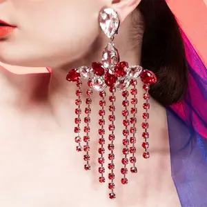 2023 Wholesale Fashion Jewelry Exaggerated Red & White Large Crystal Earrings Ladies Shiny Rhinestone Long Big Tassel Earrings